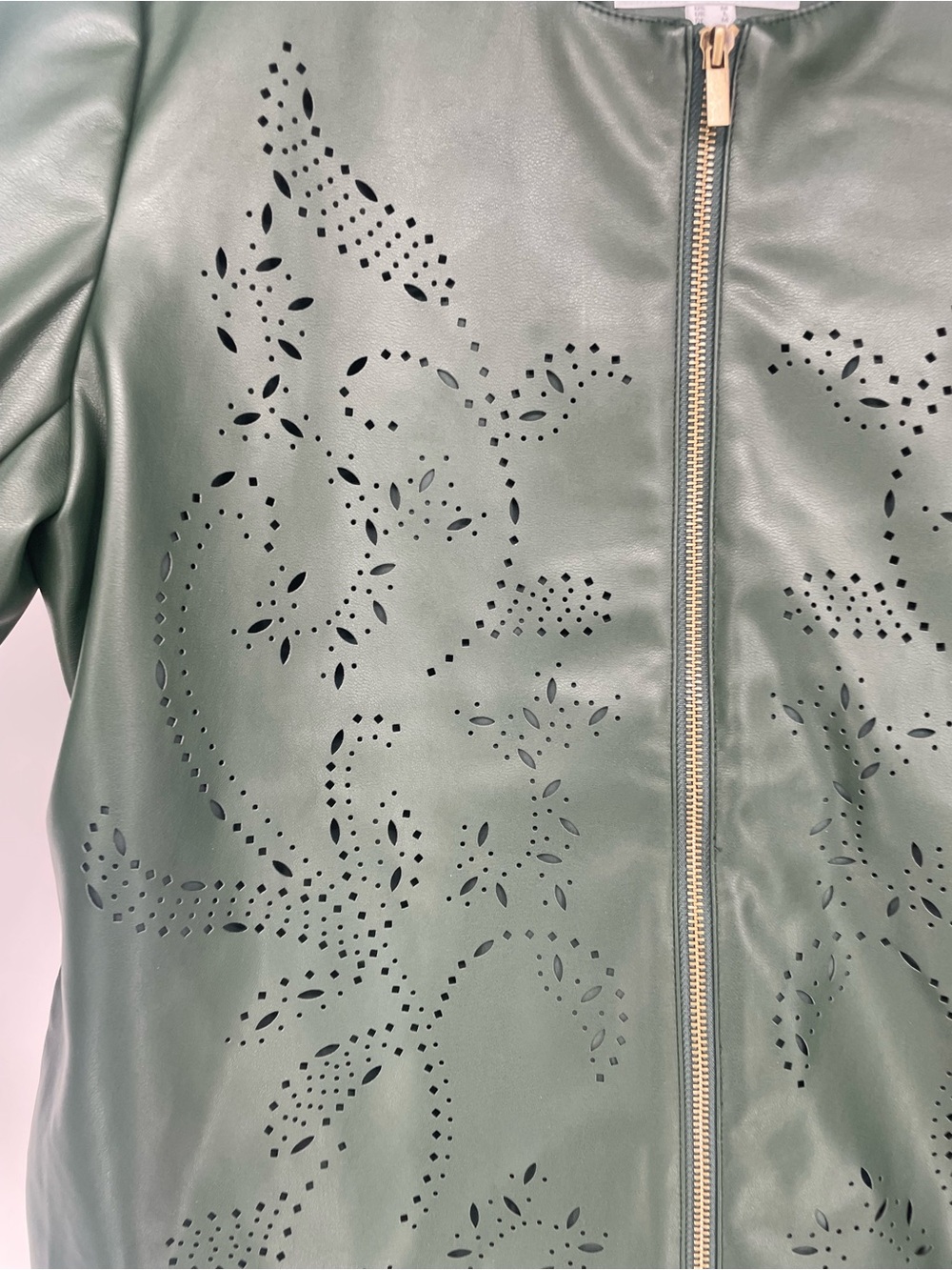Susan Graver Dark Green Perforated Design Faux Leather Bomber Jacket Zip Front - Picture 3 of 7